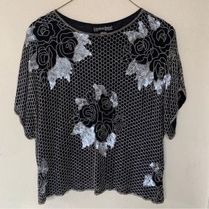 Carolyne Barton Evening Silk Top - Beaded & Sequined in Silver sz 3X